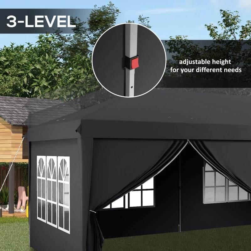 Dark grey pop-up gazebo with corner frame and arched window curtain panels