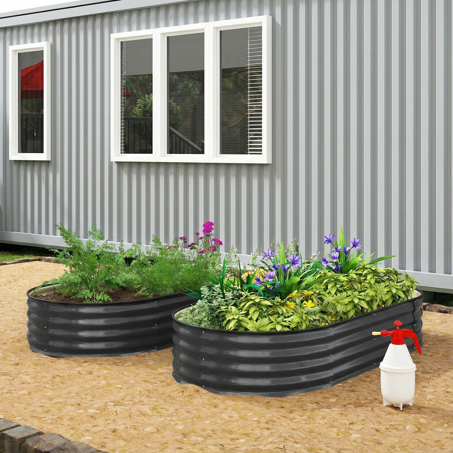 Outsunny Galvanised Raised Garden Bed With Safety Edging Planter Box For Flowers Herbs Succulents Dark Grey