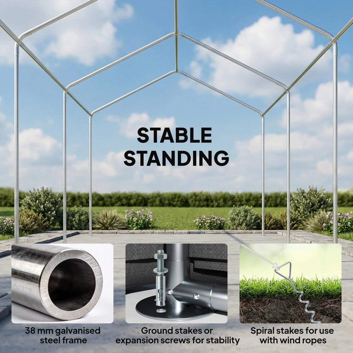 Galvanized steel carport frame with ground stakes and spiral stakes for stability