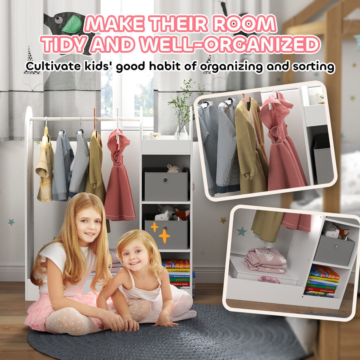 White kids clothes rail wardrobe with mirror and hanging space over drawers and shelves