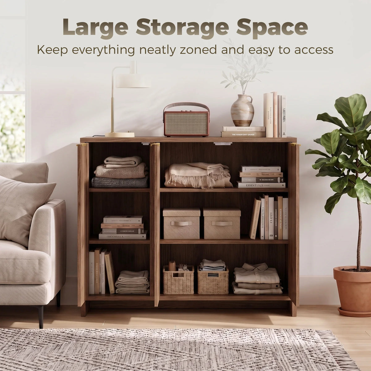 Brown sideboard cabinet with open doors and multiple adjustable storage shelves
