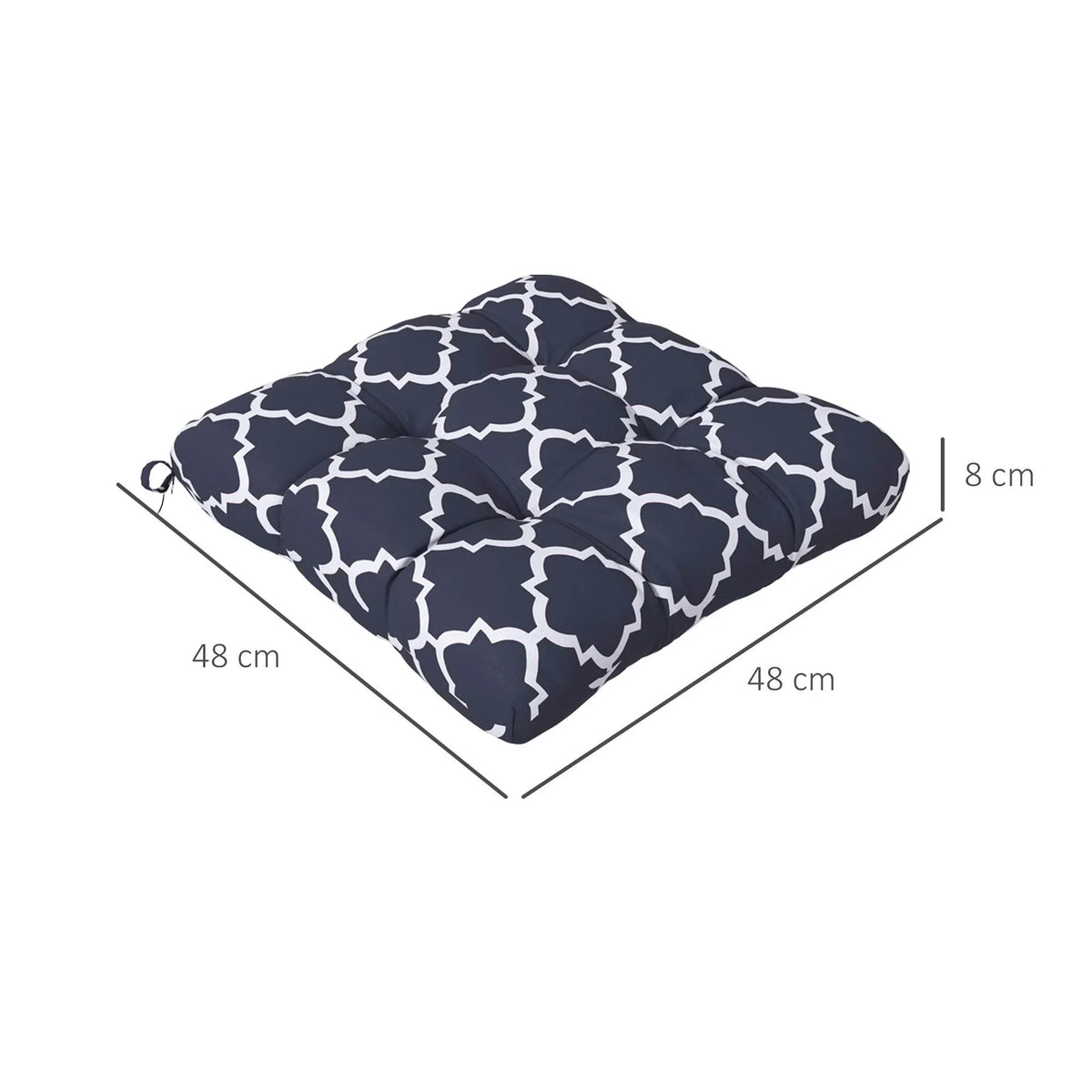 Navy and white patterned blue cushion with tie at each corner, 48 cm x 48 cm