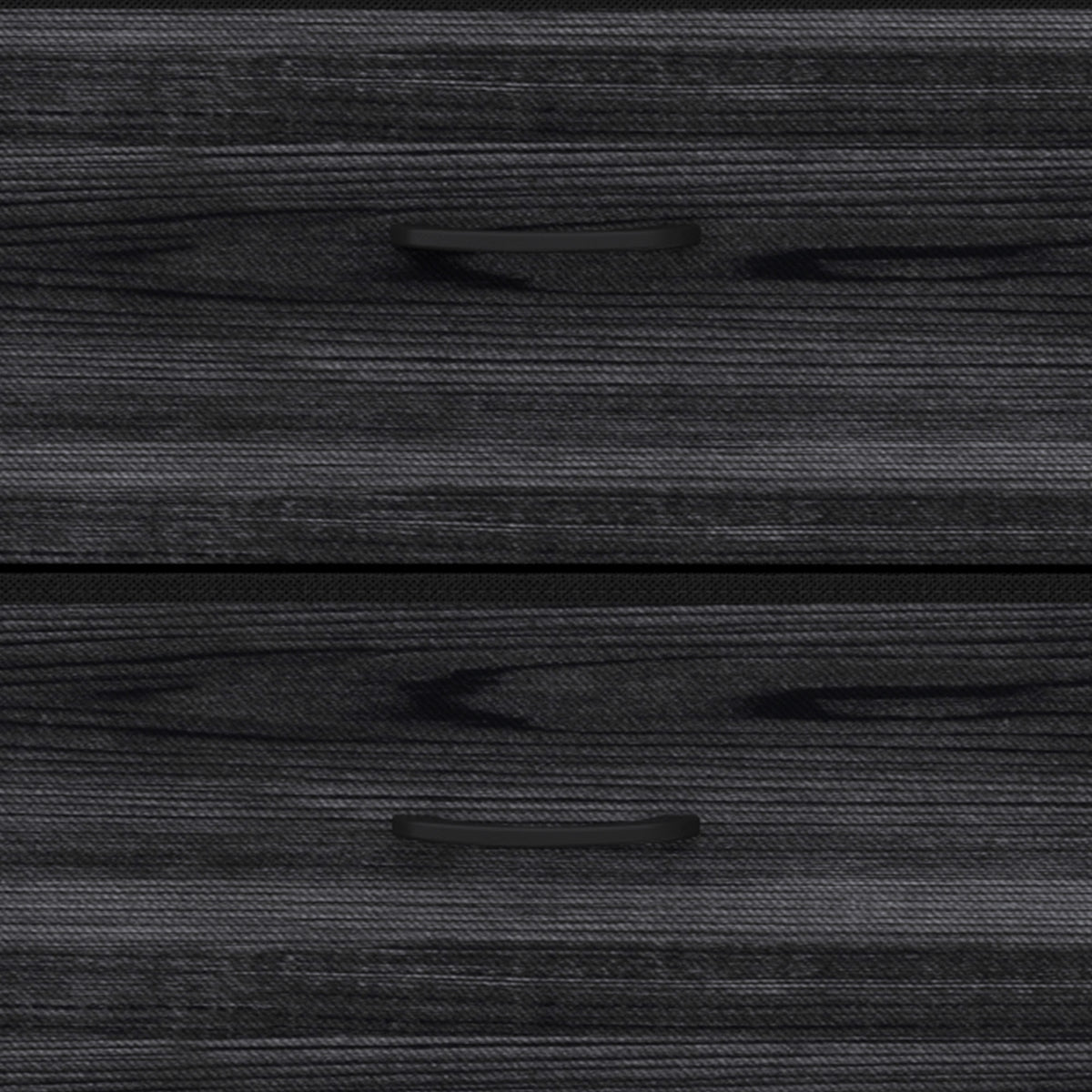 Close-up of black textured fabric drawer front with horizontal pull handle