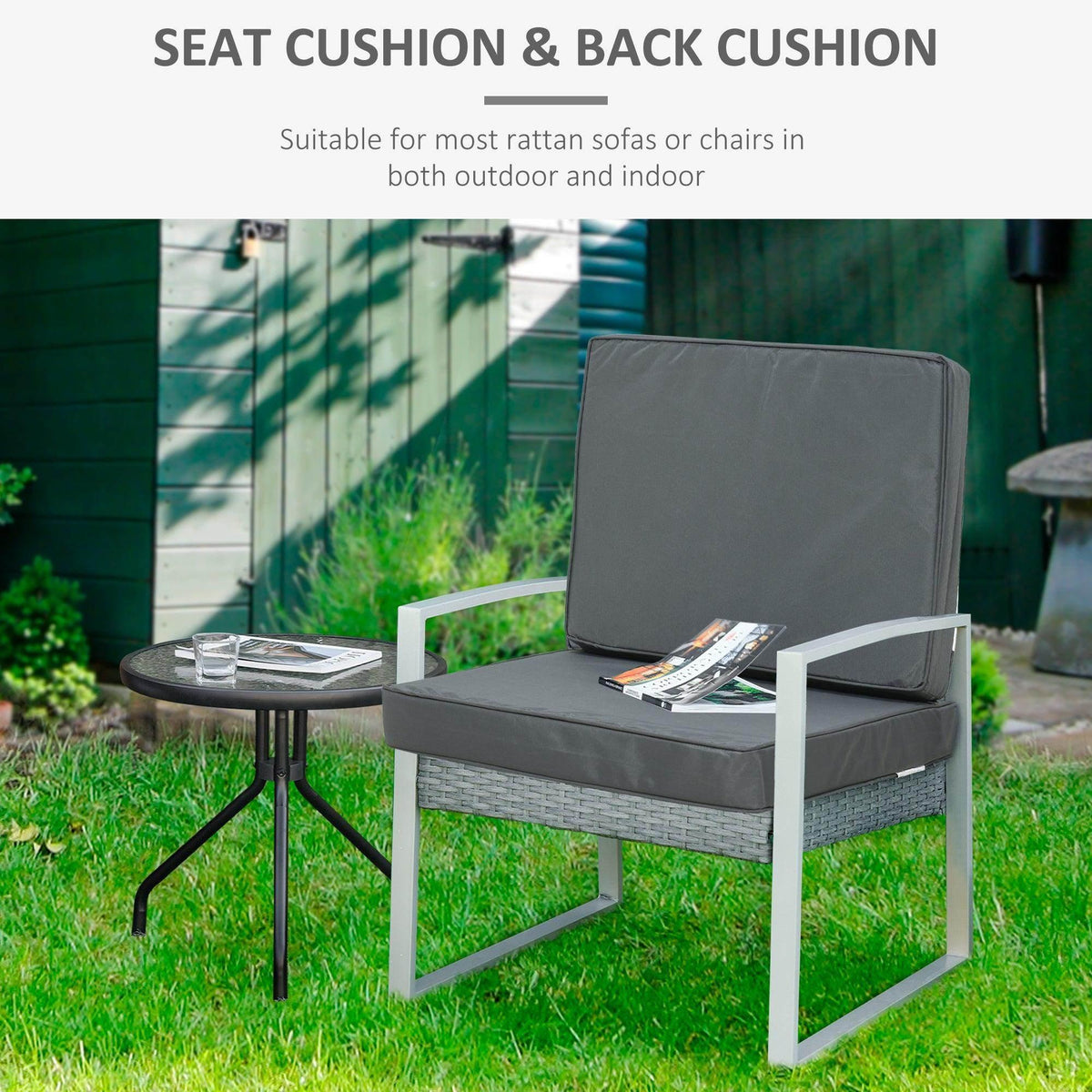 Dark grey outdoor seat and back cushions replacement shown on patio chair