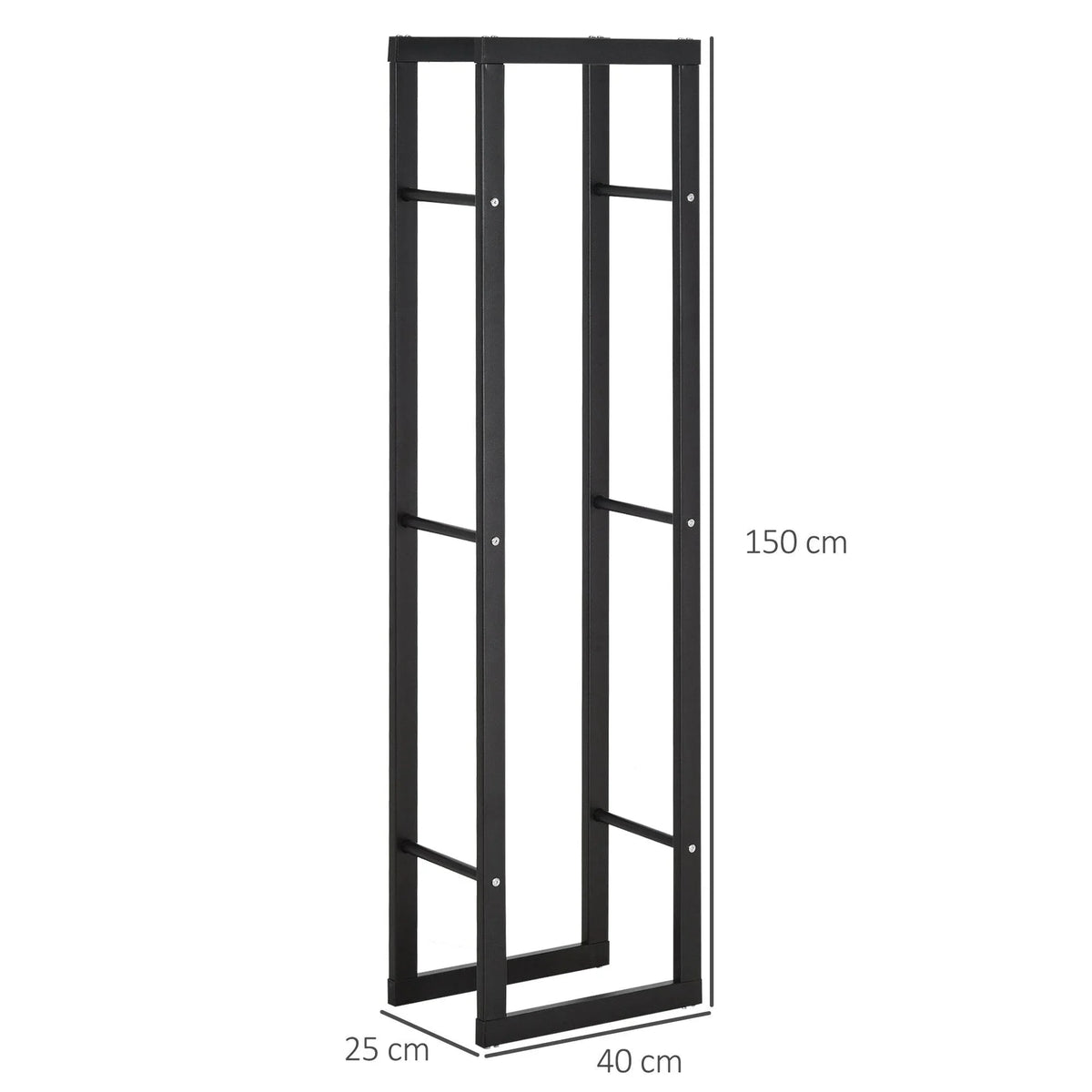 Black double-tier metal log storage rack with tall rectangular vertical frame
