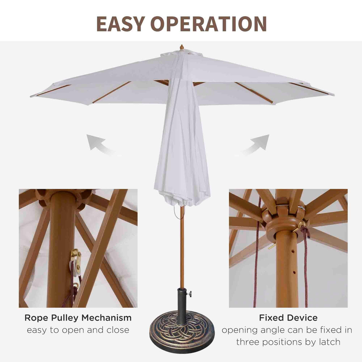 White parasol with rope pulley lifting mechanism and fixed latch positions