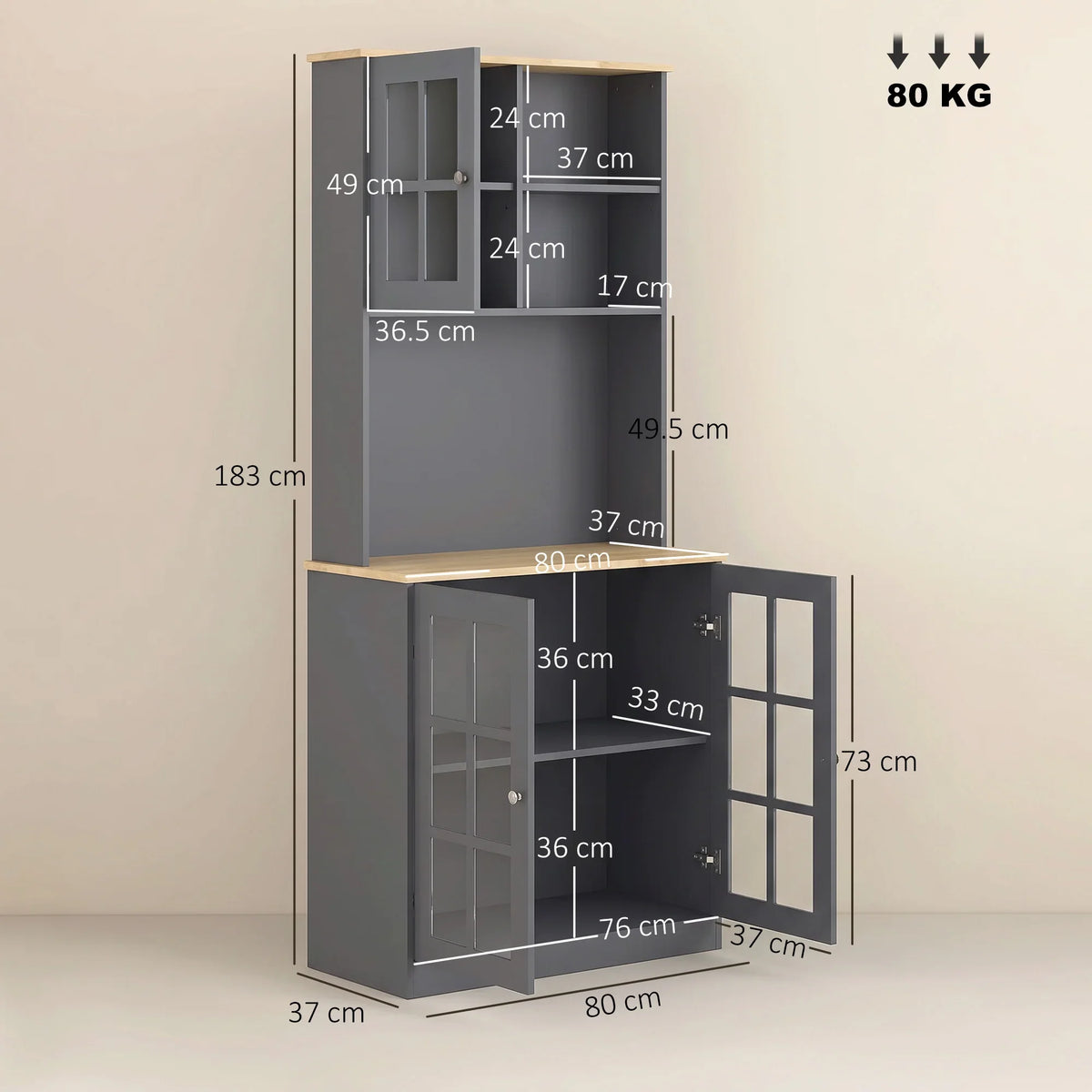 Grey kitchen hutch with open shelves and side cabinets, showing size measurements
