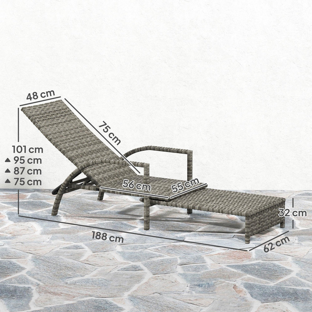 Grey rattan reclining lounger with adjustable back in multiple positions