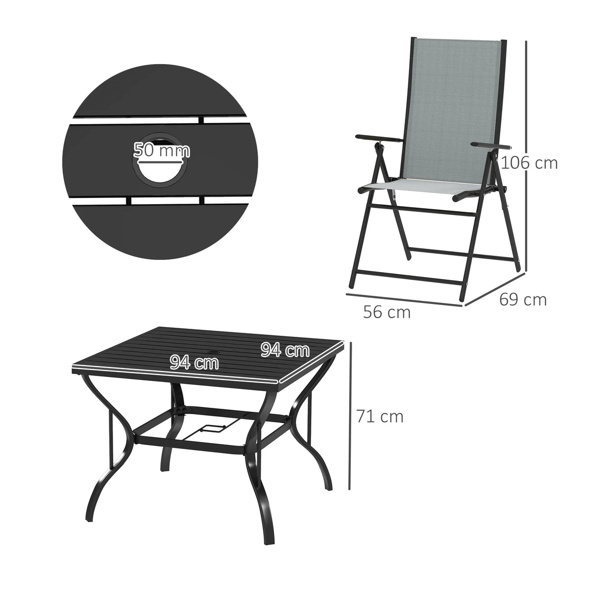 Grey folding chair with black frame and black square patio dining table, shown with measurements