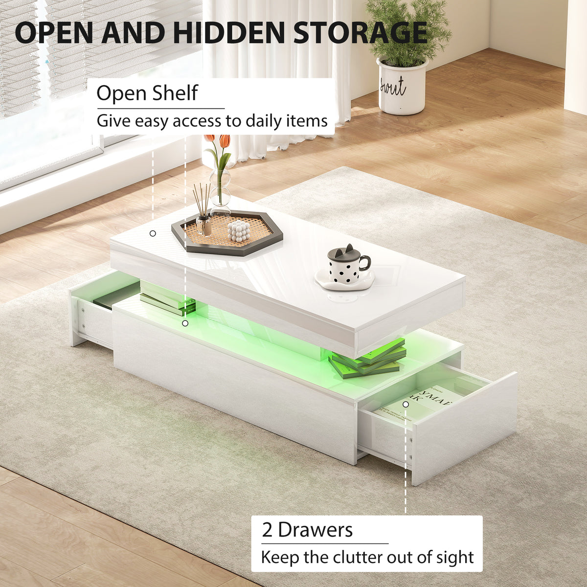 White LED coffee table with open shelf, drawers, and RGB light strip