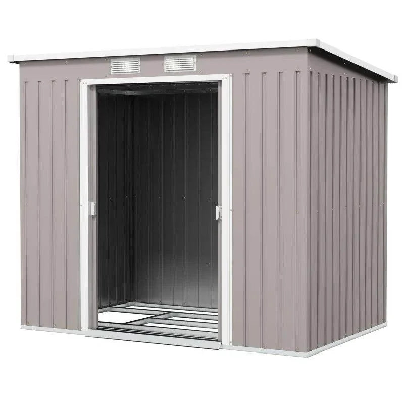 Grey metal storage shed with double doors open and small roof vents, sloped roof corner view