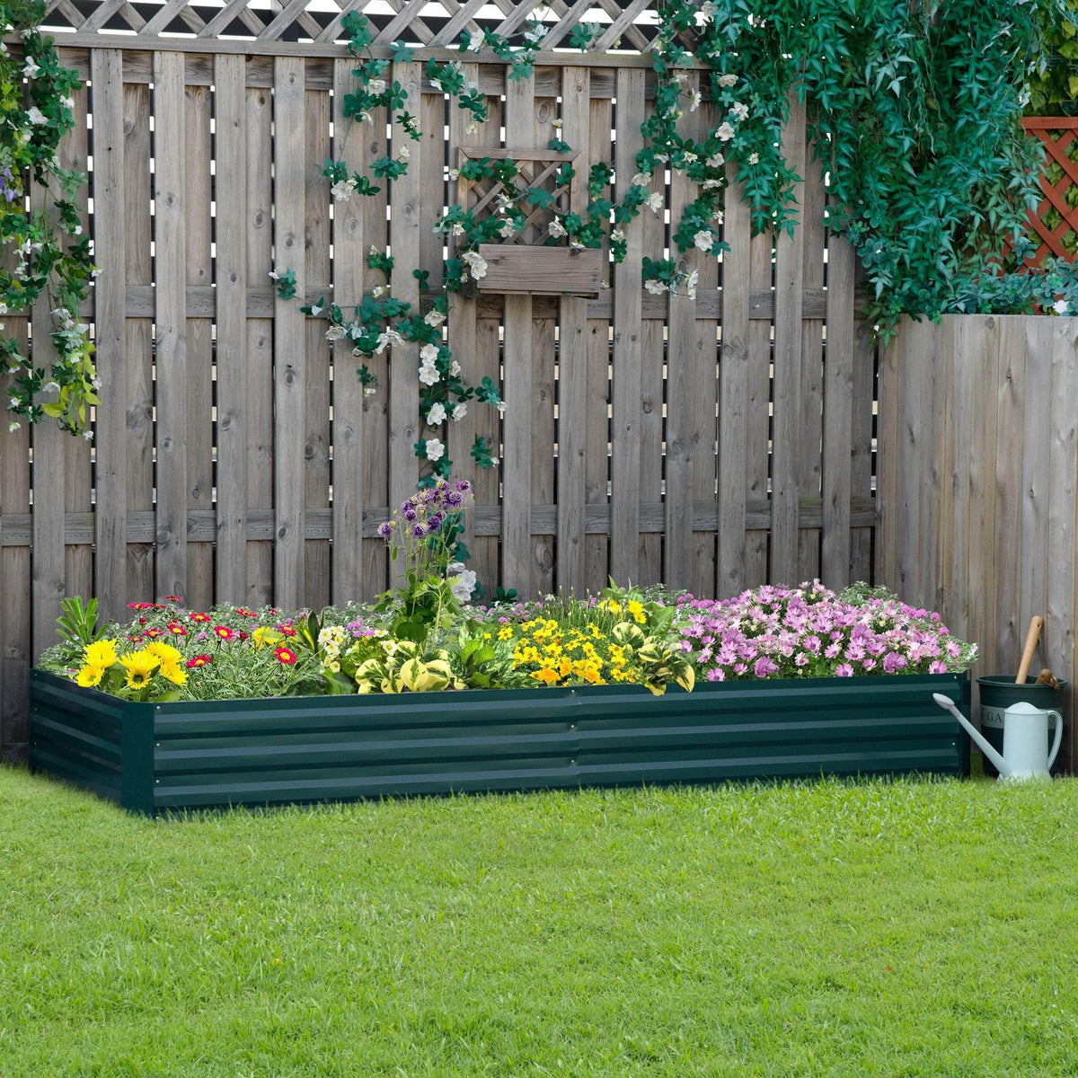 Green galvanized steel raised garden bed planter box with open top and short side panels