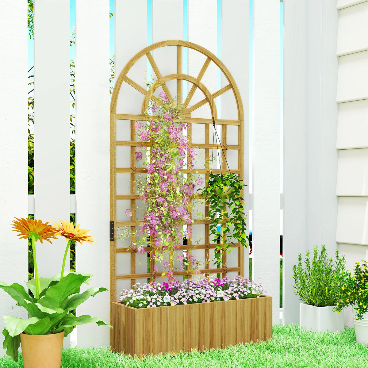 Wooden raised garden planter with arched lattice trellis for climbing plants