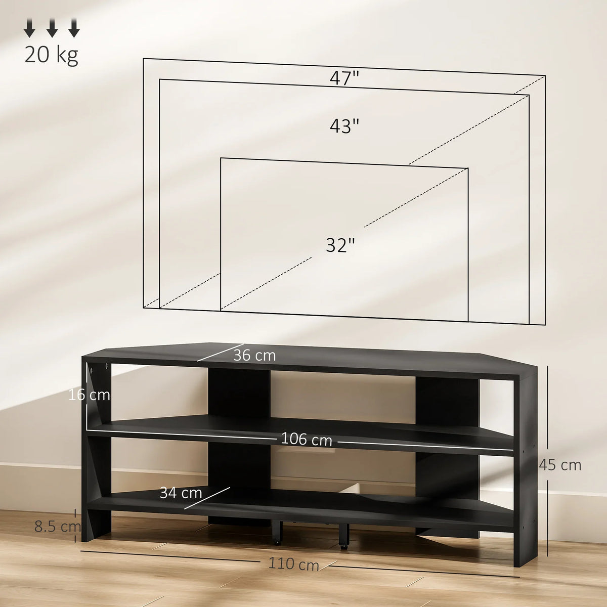 Black corner TV stand with open shelving; size diagram with 47 in width