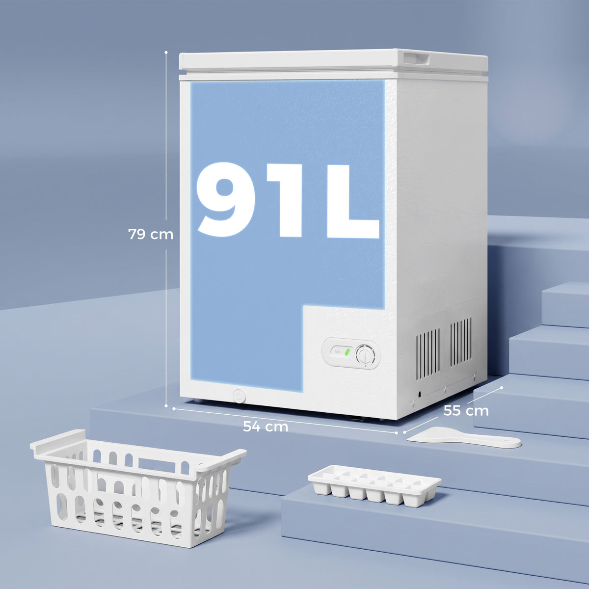 White 91L chest freezer with dimensions shown and front mechanical control dial