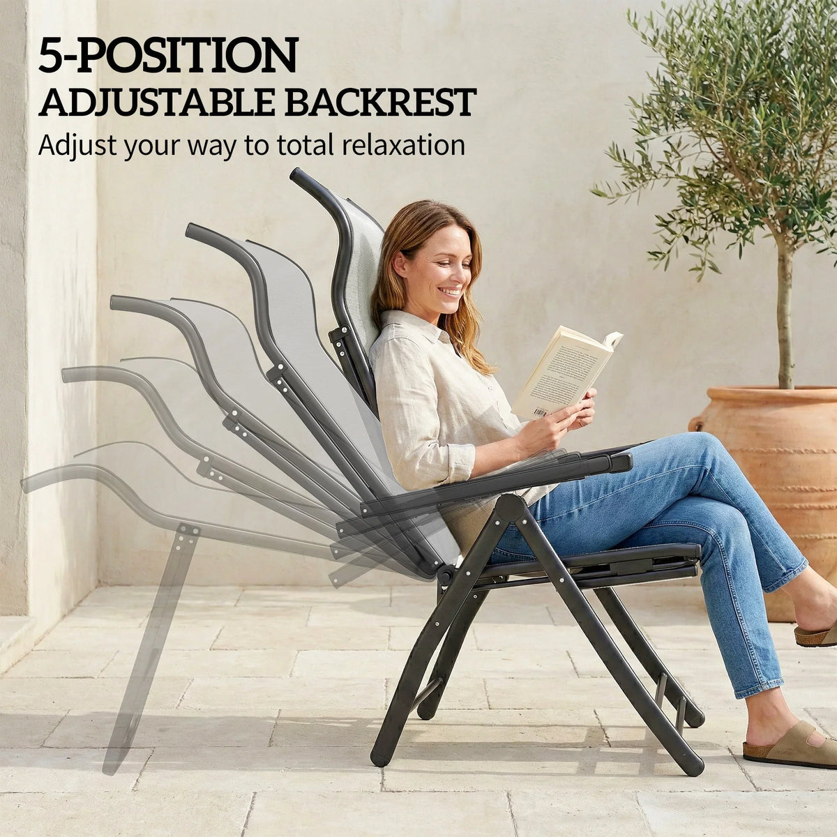 5-position lounge chair with curved high back, light grey mesh and black frame