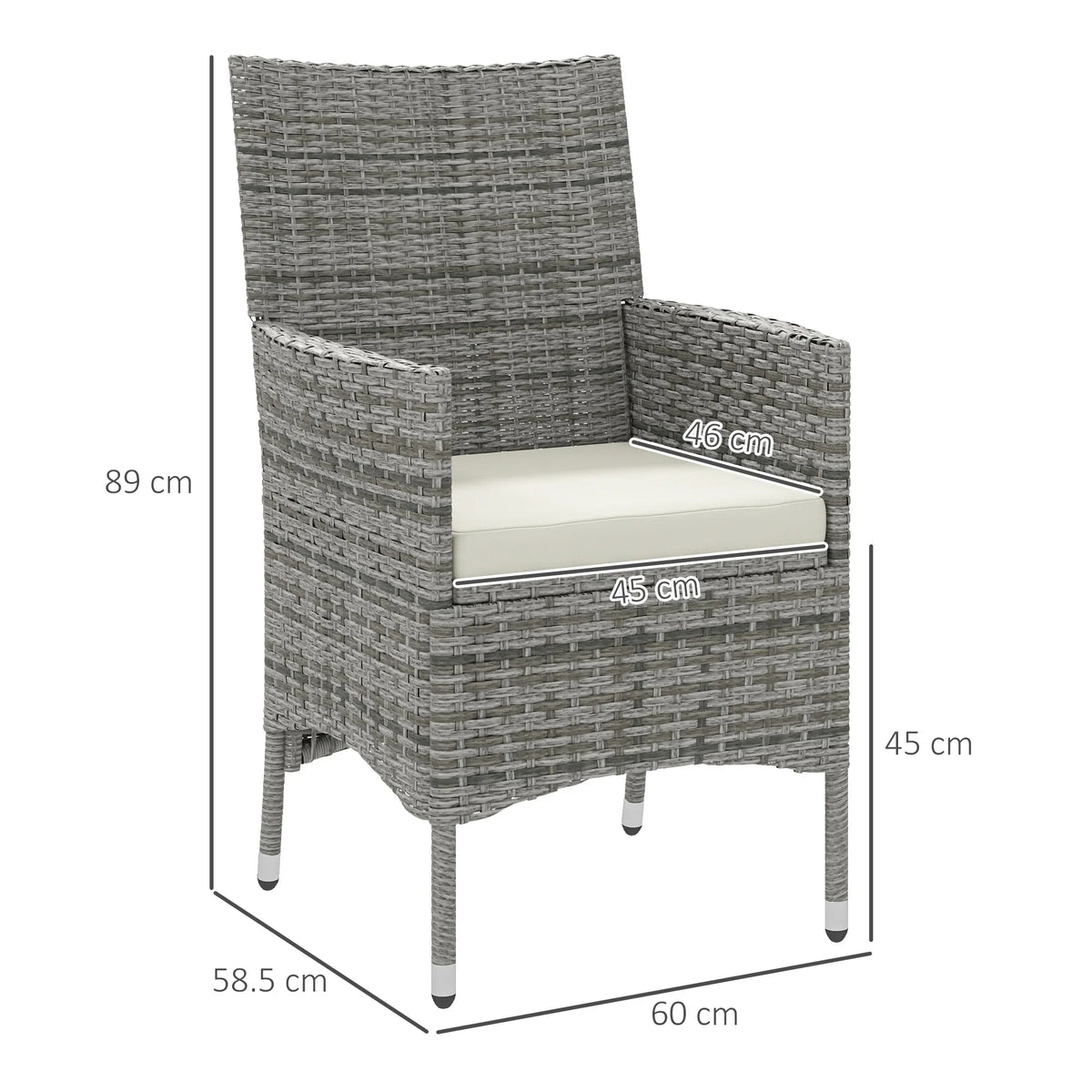Grey rattan dining chair with cream seat cushion, cushioned backrest, and armrests