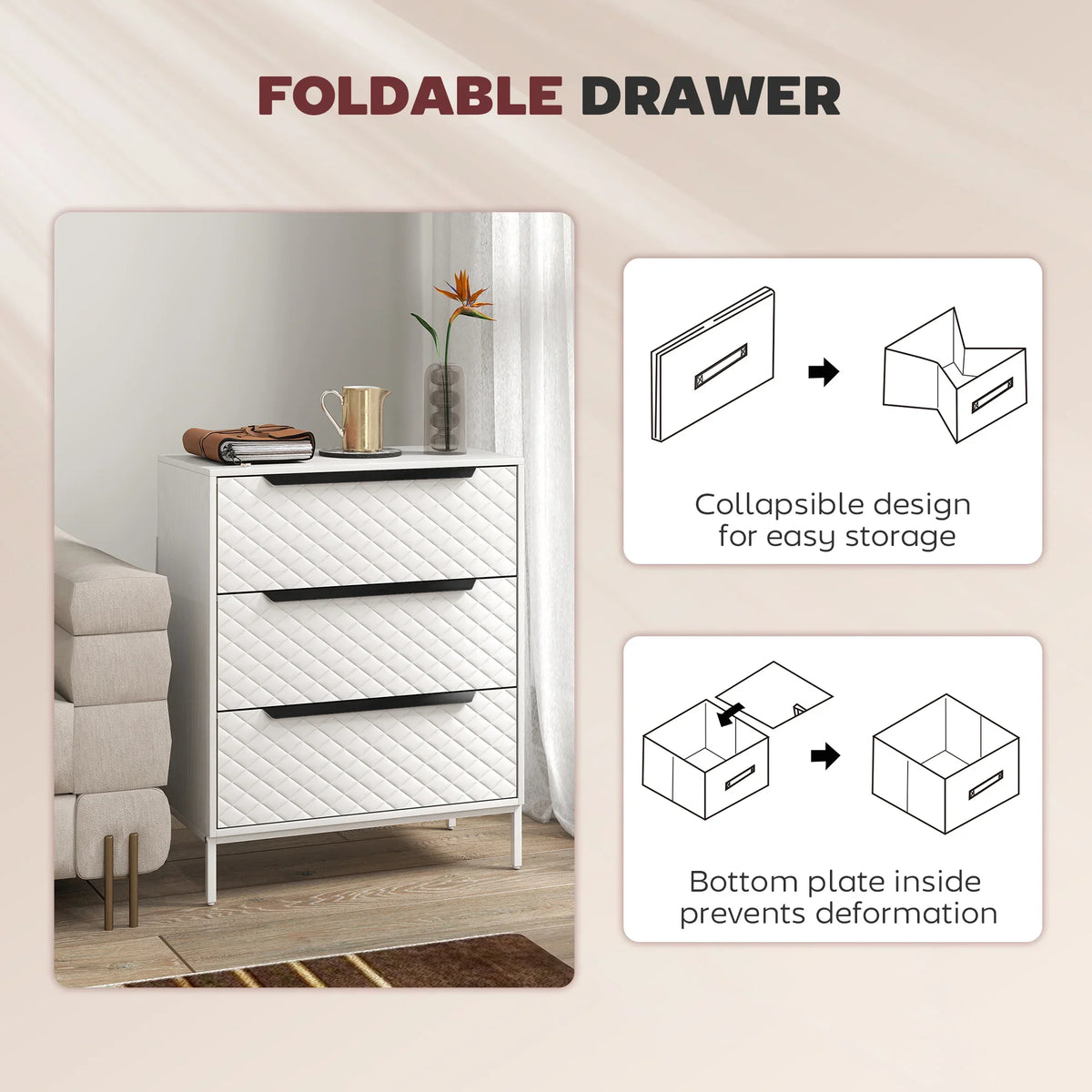 White fabric chest of drawers with folding-style collapsible drawer design and dark handles