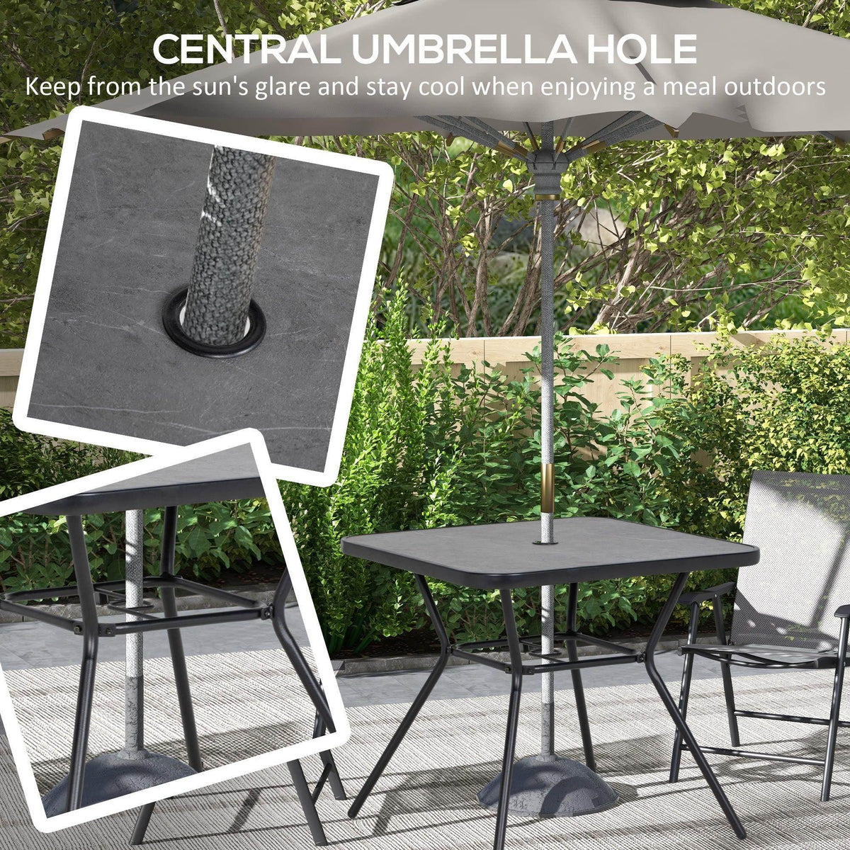 Outdoor square bistro table with central umbrella hole and dark faux-marble tabletop