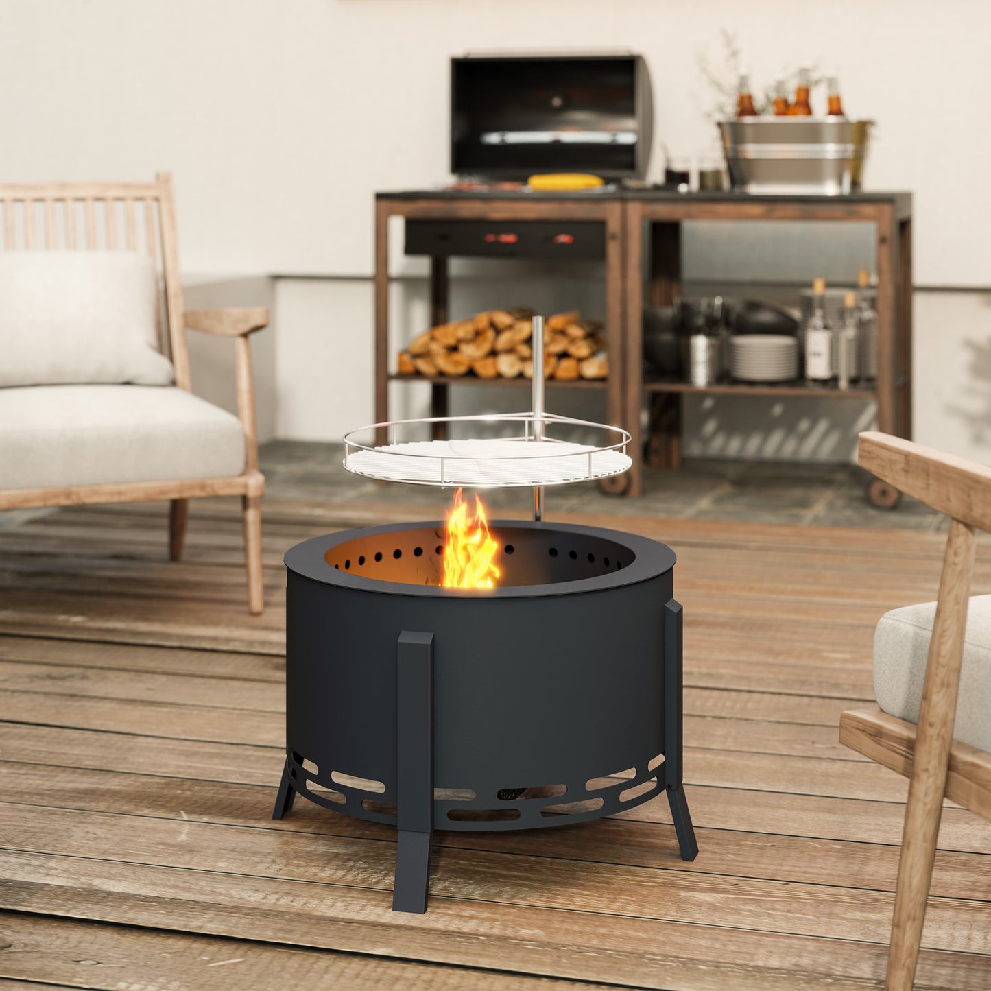 Outsunny Portable Fire Pit 58 cm Round With Grill Grate Ash Catcher And Poker For Garden Camping Bonfire BBQ Black