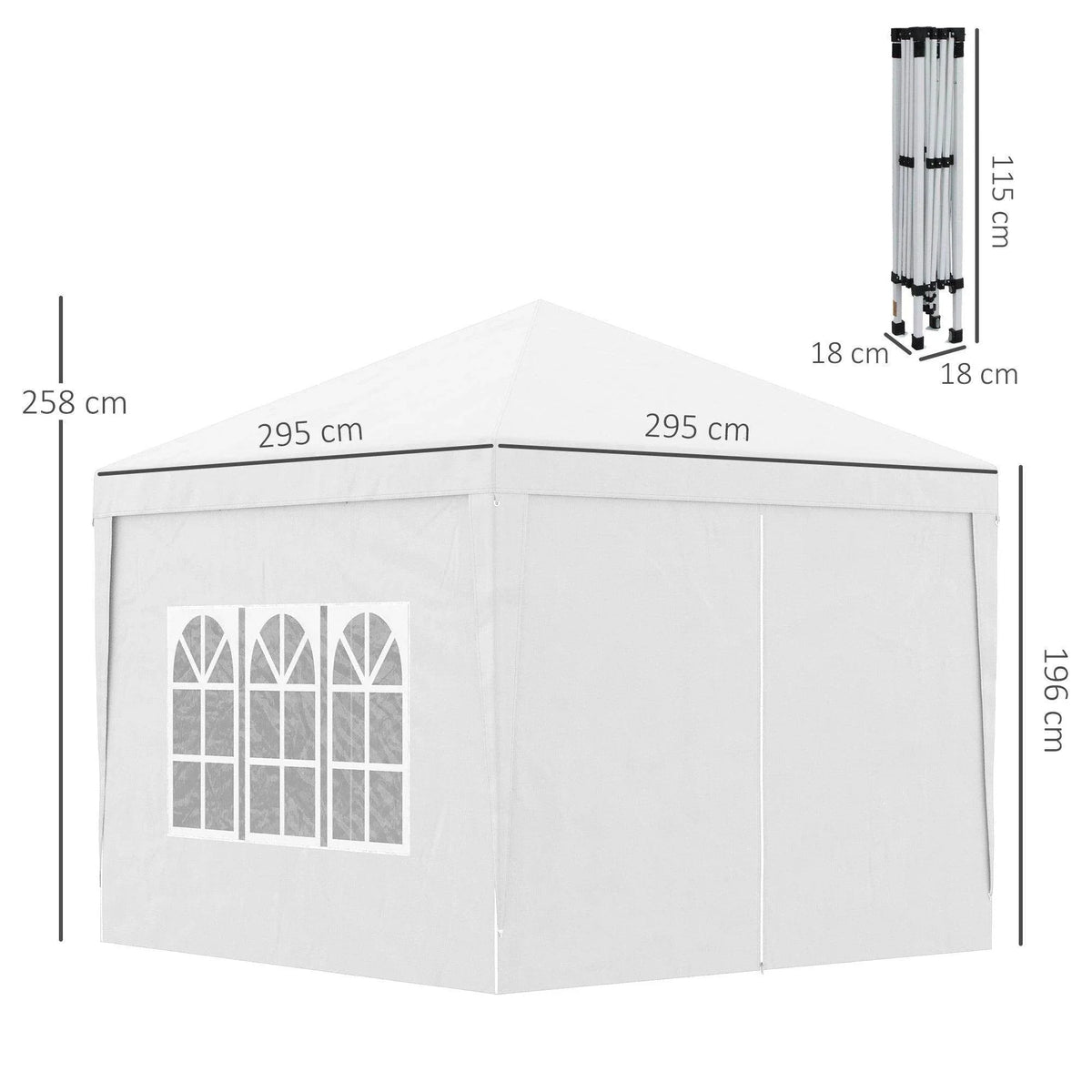 White pop-up gazebo tent canopy with arched window panels and side walls, 295 cm span