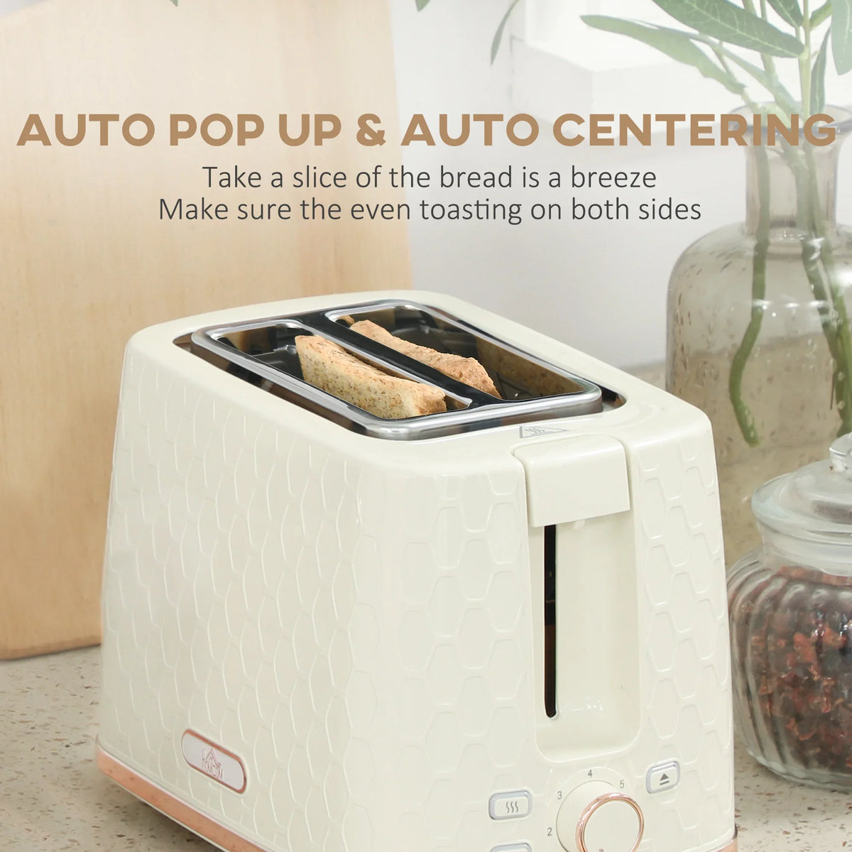 Beige 2-slice toaster with auto pop-up and auto-centering bread slots.