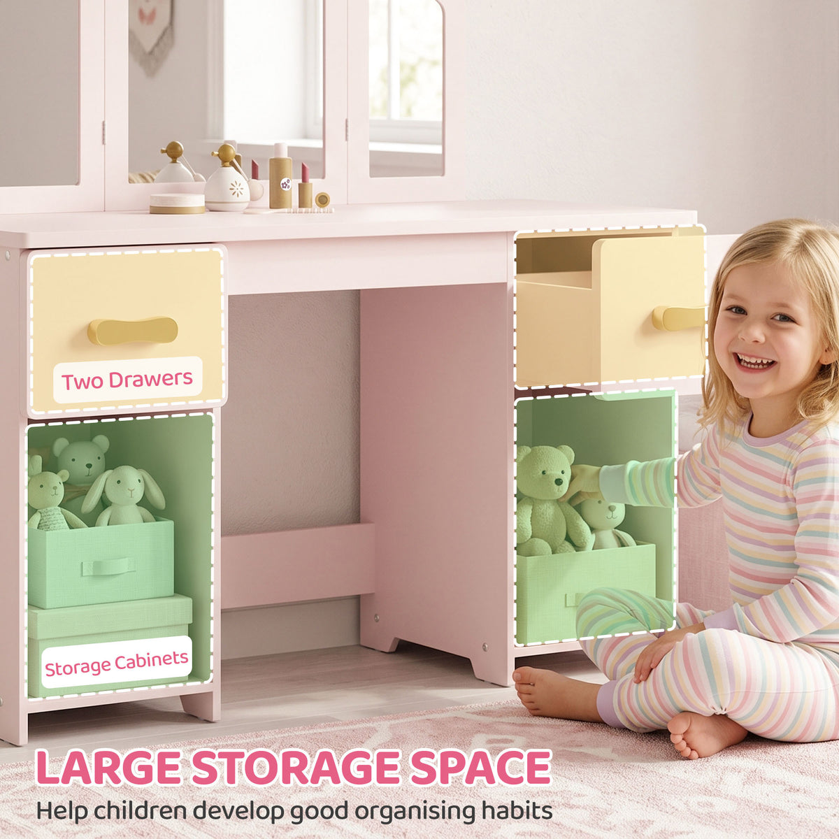 Kids white vanity table with open storage cabinets, drawers, and tri-fold mirror