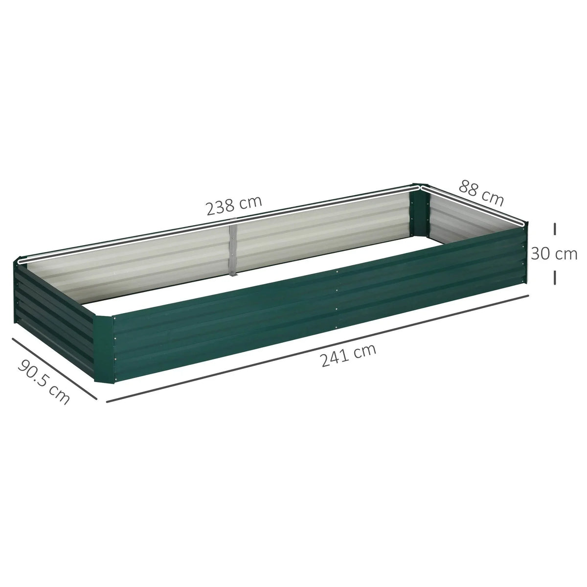 Green galvanized steel raised garden bed with open top and side panel frame