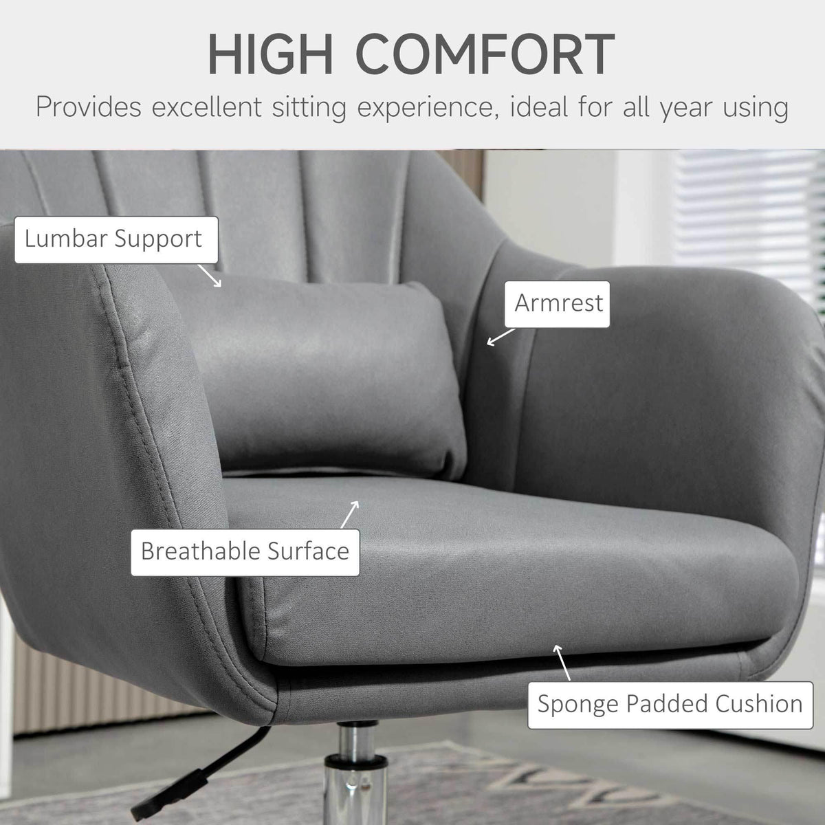 Grey armchair with armrests, padded lumbar support, and thick sponge seat cushion
