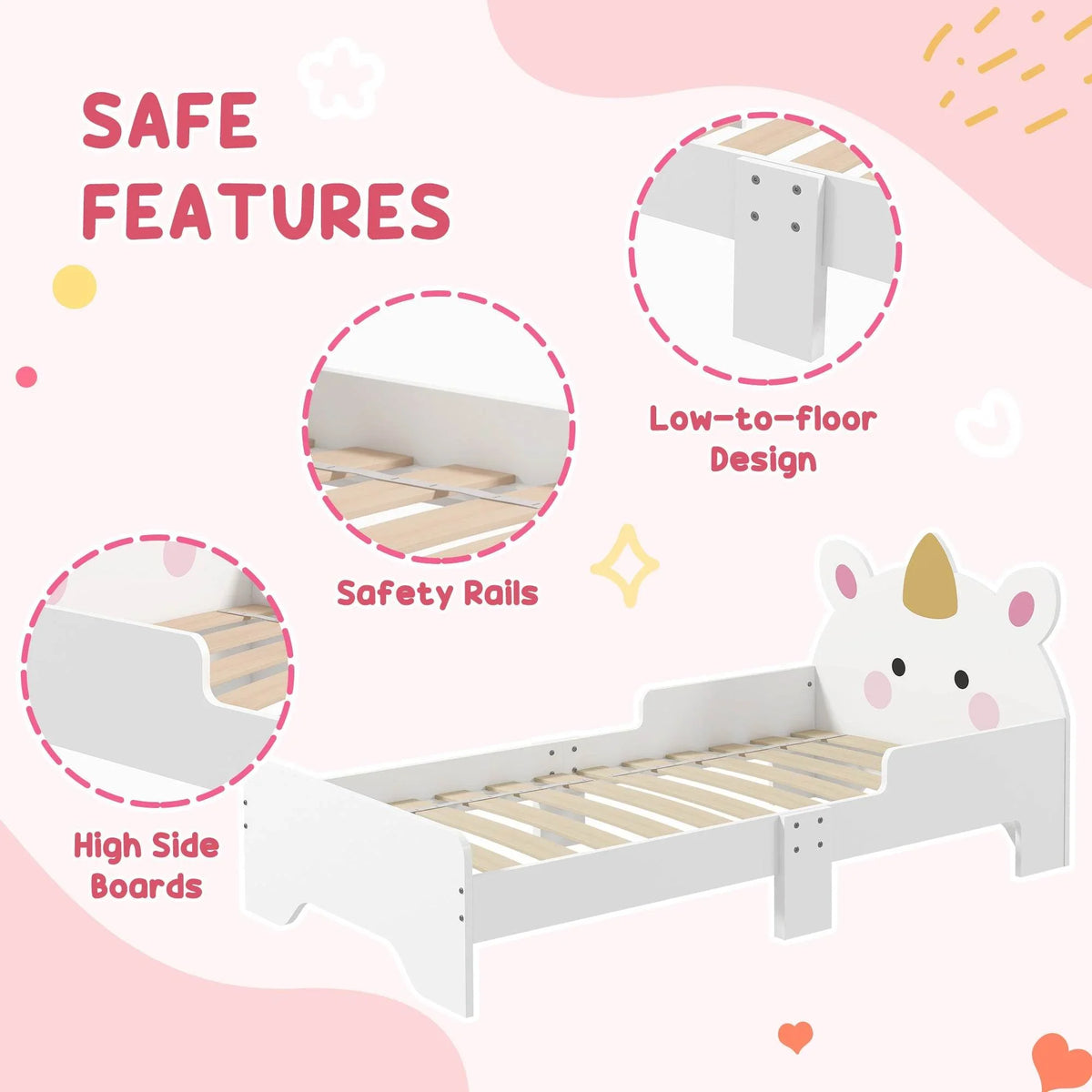 White toddler bed frame with low entry, safety rails, and high side boards