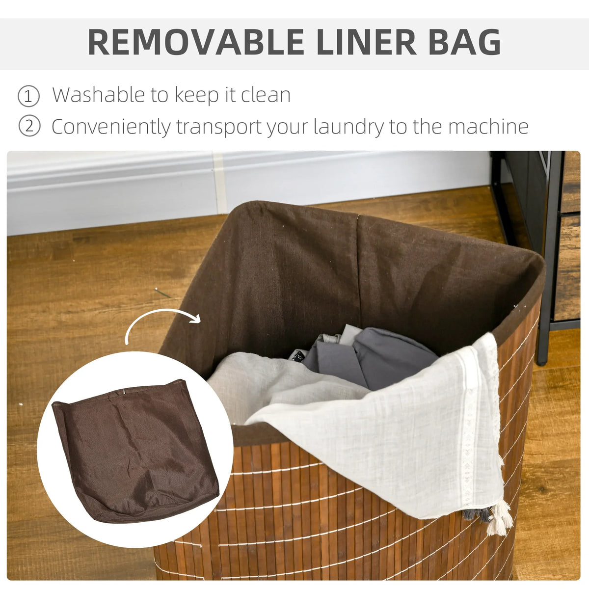 Brown bamboo laundry hamper with removable washable fabric liner bag