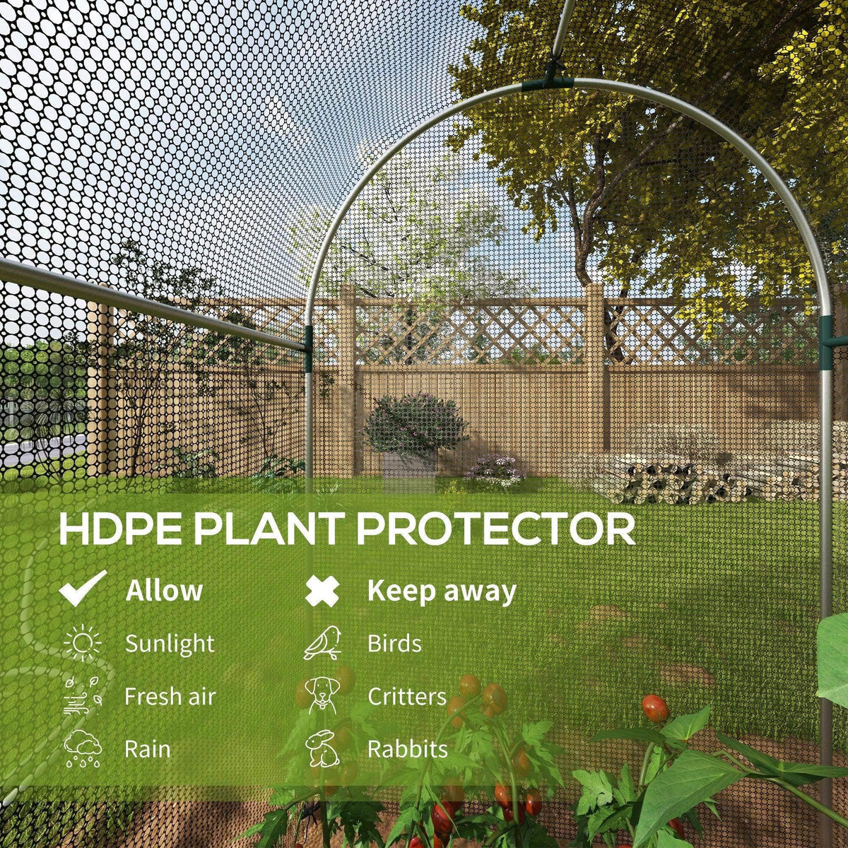 Mesh plant protection tent with curved roof and corner stakes, side view.