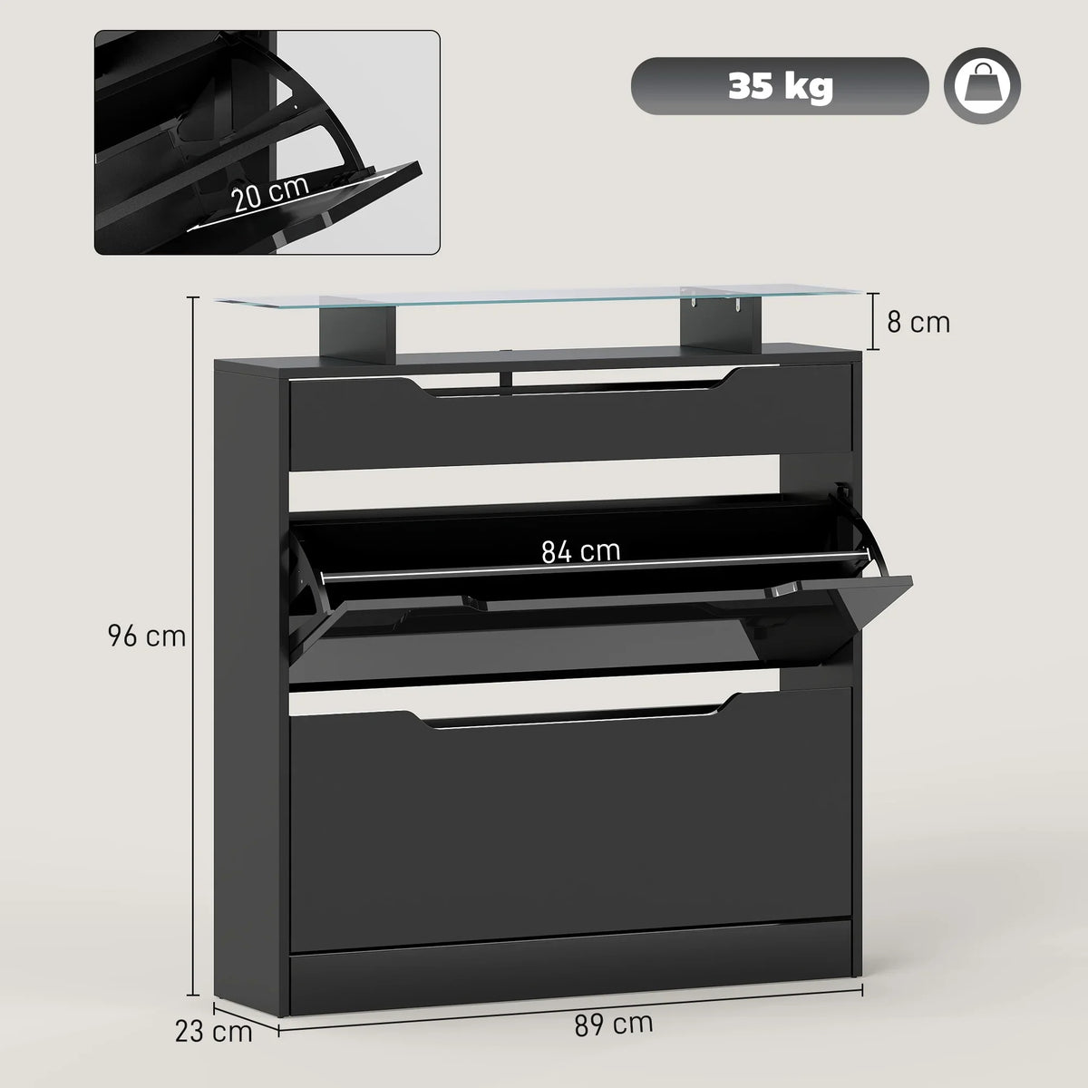 Black narrow shoe cabinet with pull-out drawer and two flip doors, side view