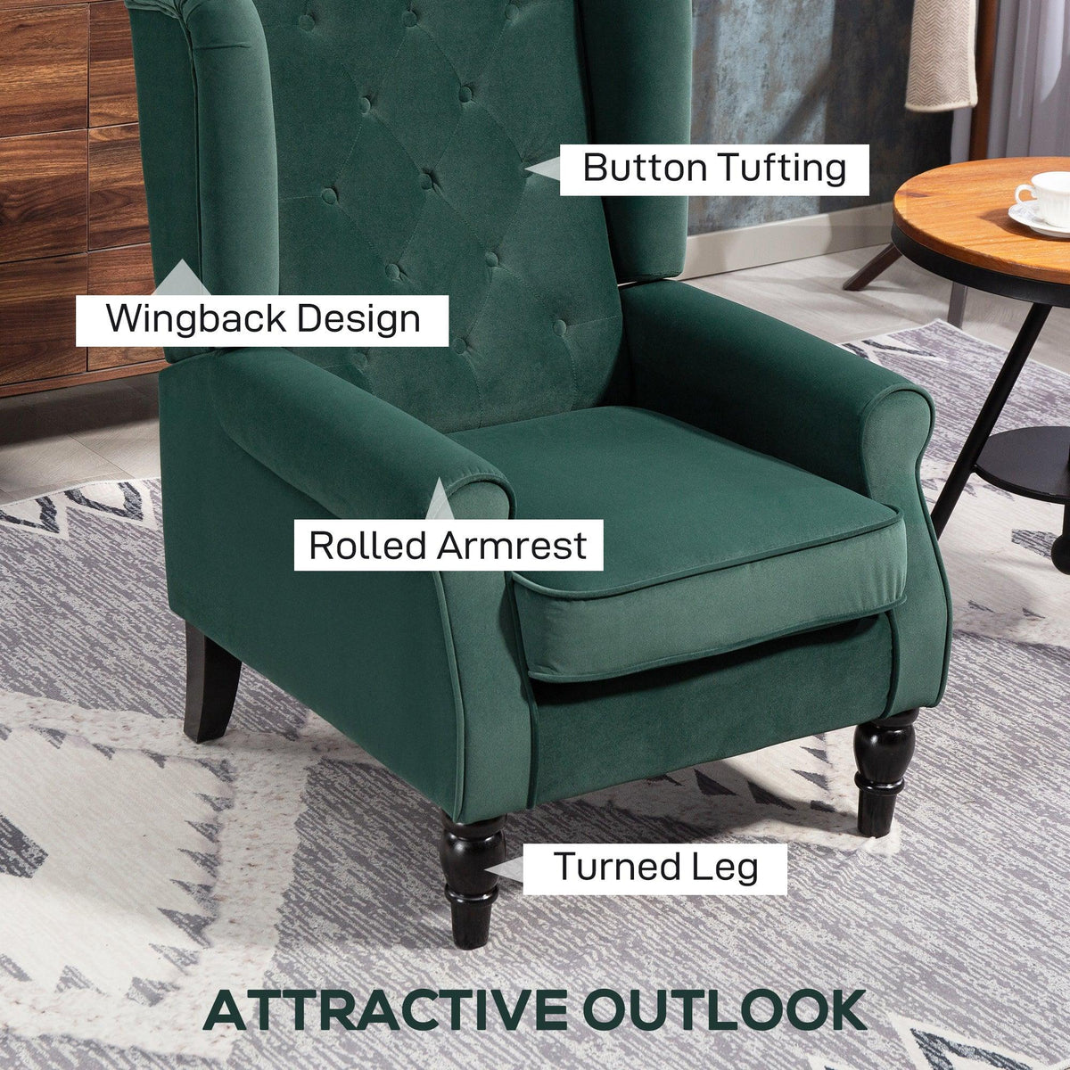 Green wingback accent chair with button tufting, rolled armrests, and dark turned legs