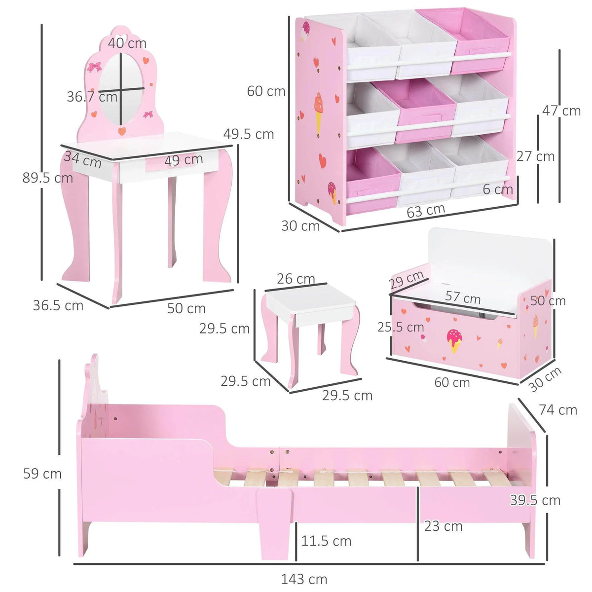 Pink kids furniture set components: bed frame, storage bench, vanity top, and shelves