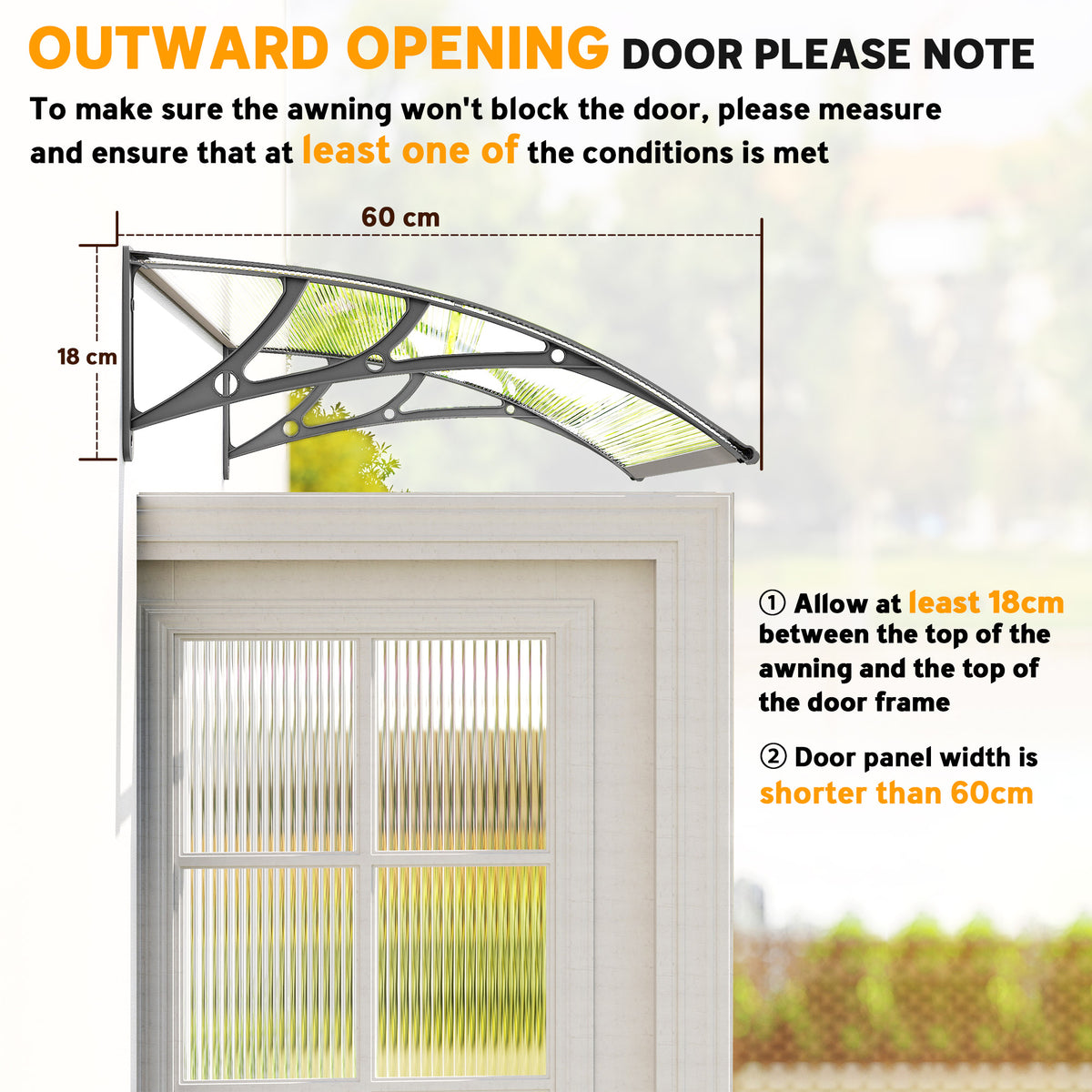 Wall-mounted door canopy awning showing 60cm width and 18cm clearance
