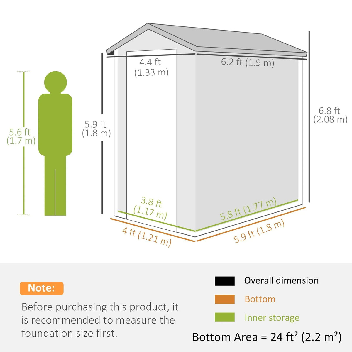 Outdoor storage shed size diagram showing 4 x 6 ft dimensions and base area