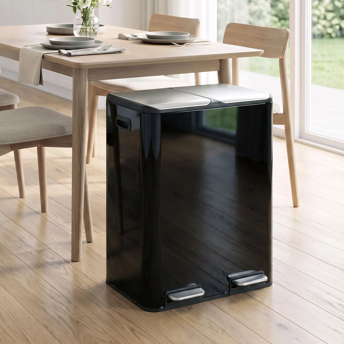 Black double kitchen waste bin with two closed pedal lids and front foot pedals, standing