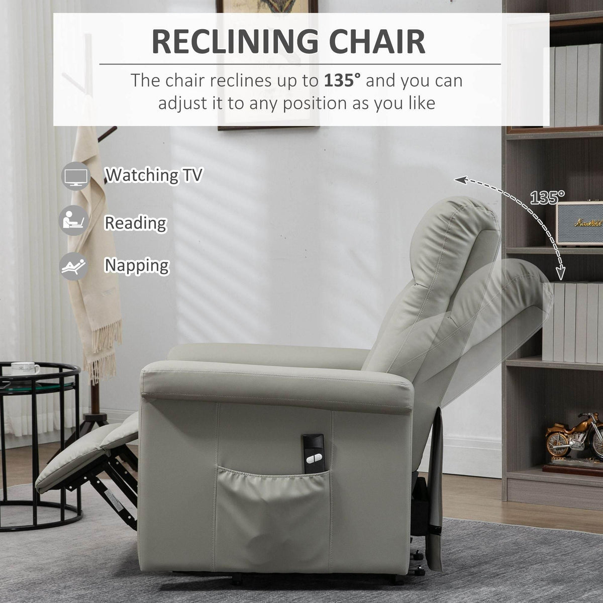 Grey reclining lift chair with remote pocket on arm and adjustable recline