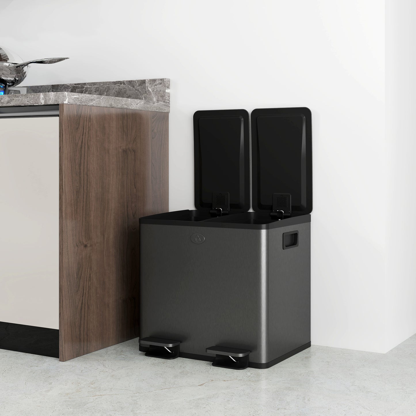 HOMCOM 30L Dual Compartment Stainless Steel Bin With Deodoriser Holders Black For Home And Kitchen