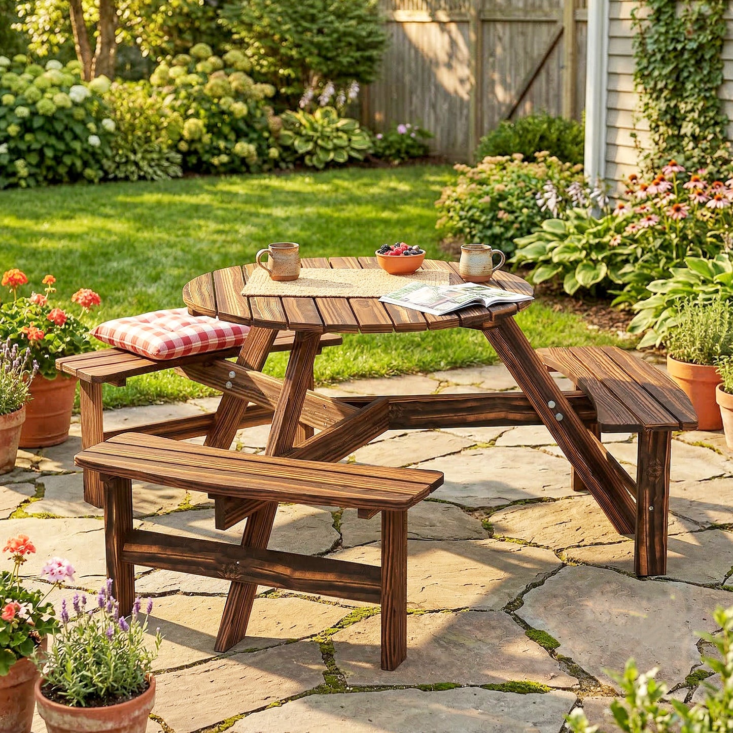 Outsunny 6 Seater Wooden Round Dining Set with Bench and Parasol Hole for Outdoor Garden Patio Carbonized