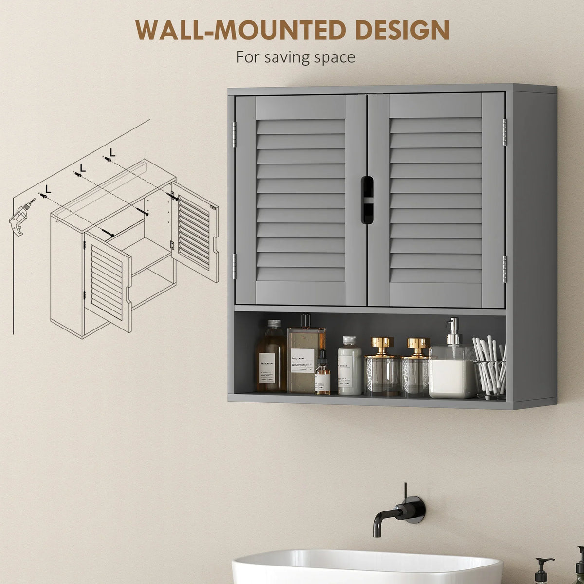 Grey wall-mounted bathroom cabinet with louvered doors and multiple interior shelves