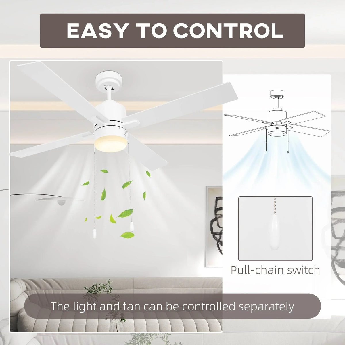 White LED ceiling fan with pull-chain control and three-speed settings