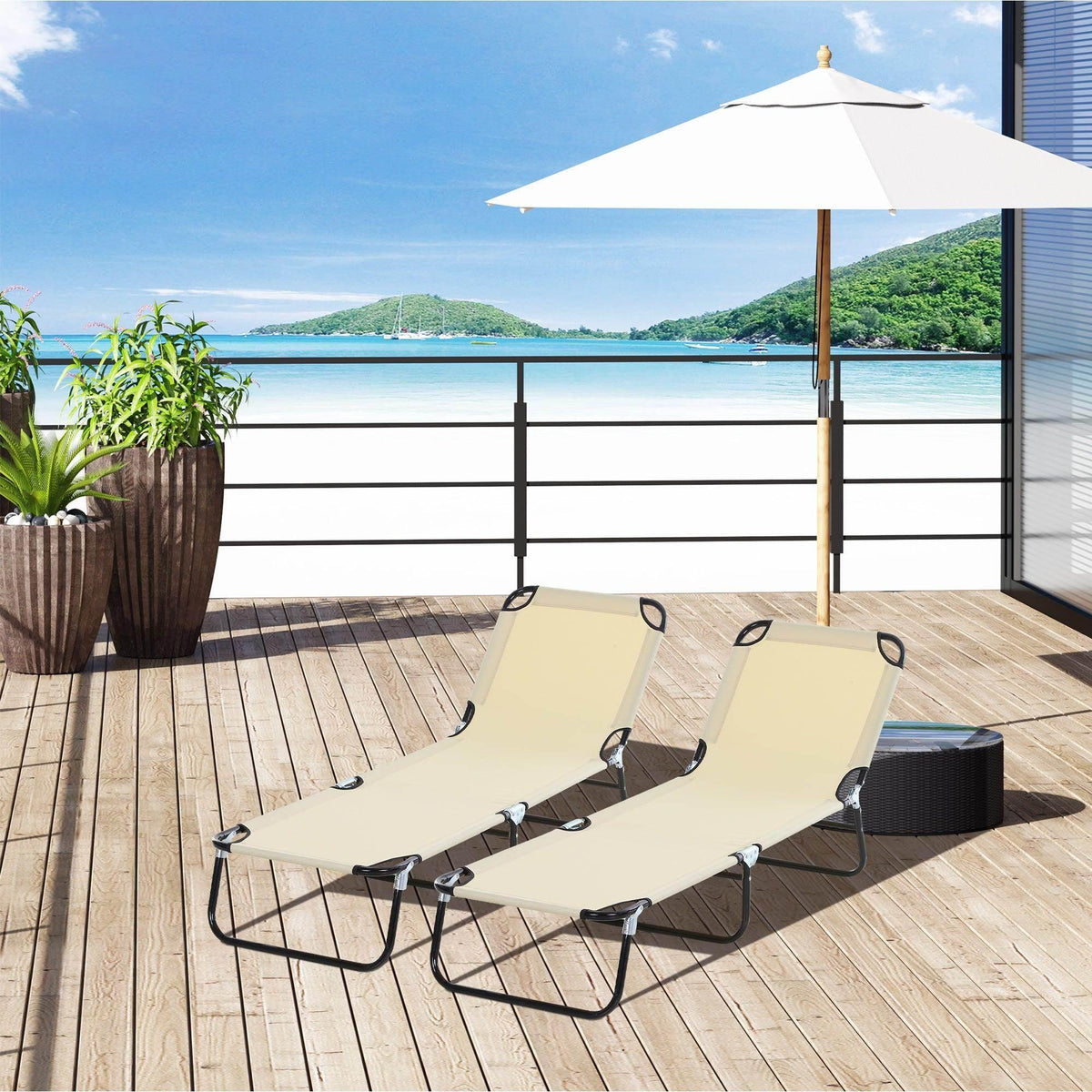 Beige foldable sun lounger set with mesh sling and black steel frame