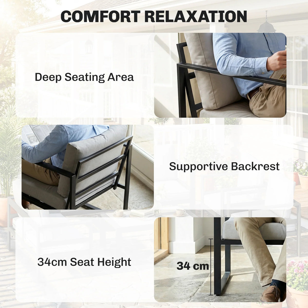 Outdoor loveseat with thick gray cushions, supportive backrest, and deep seating area