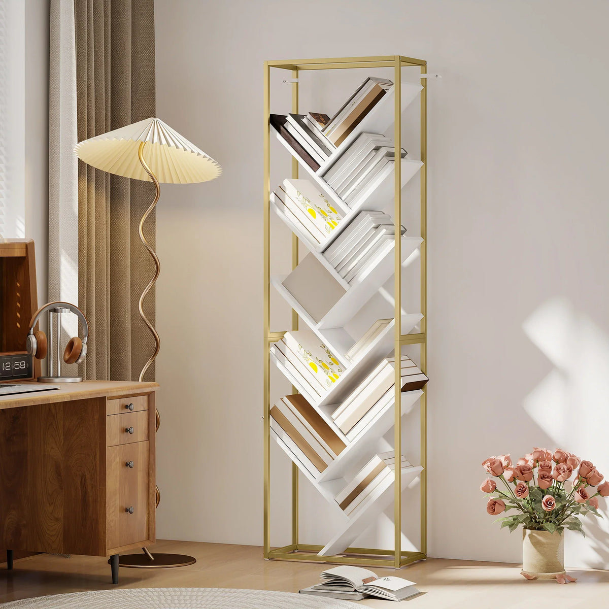 10-tier tree bookshelf with gold frame and white angled shelves, floor-standing design