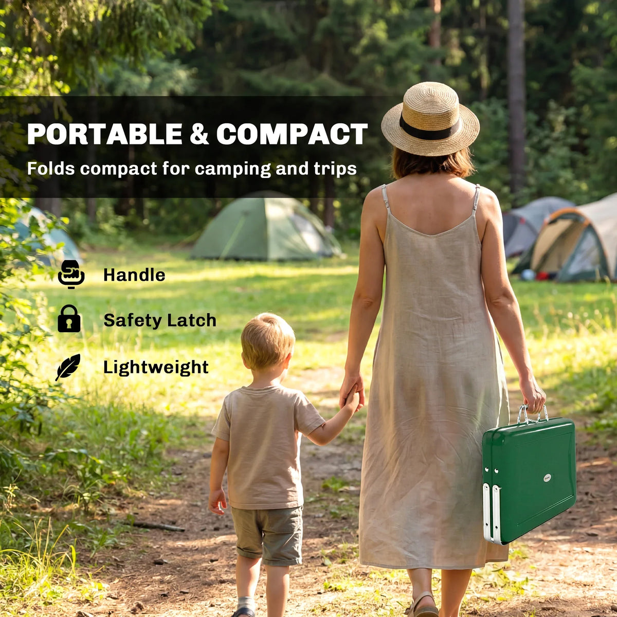 Green portable charcoal grill folded for camping travel, carried with a handle