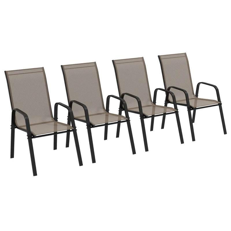 Set of 4 stackable outdoor dining chairs, high-back grey mesh with armrests
