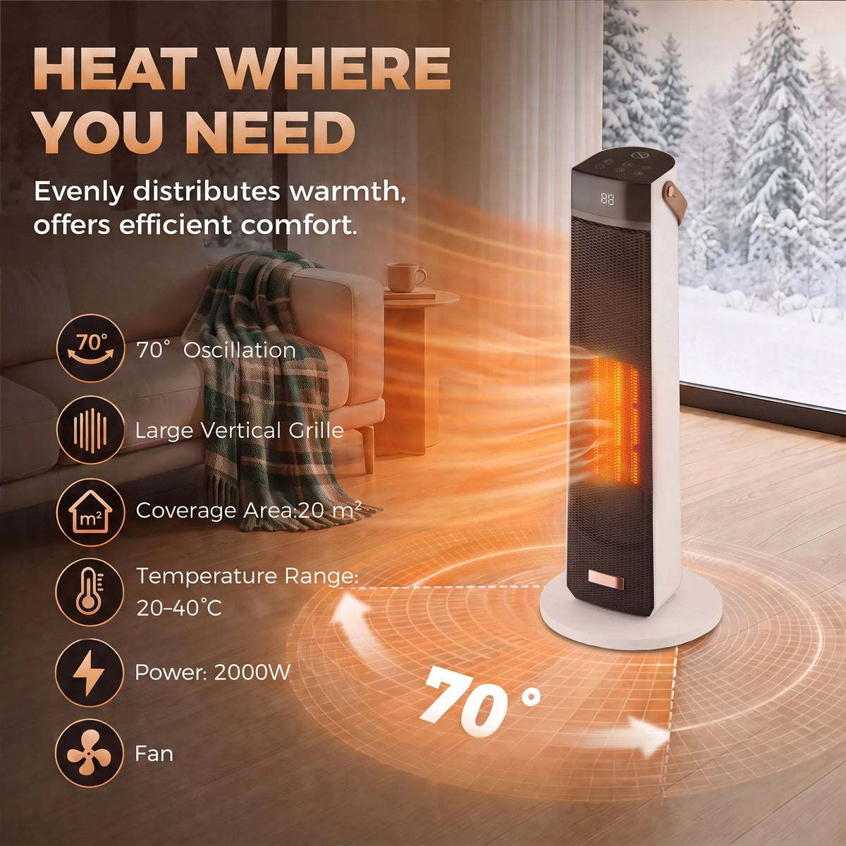 Portable ceramic tower heater with flame-effect glow on floor near window view