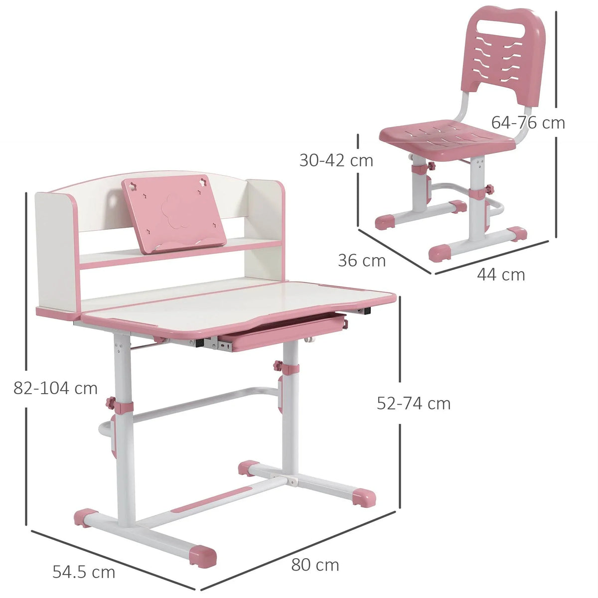 Pink height-adjustable kids study desk and chair set with size views